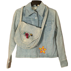 Vintage 70s Chambray Denim Jacket & Purse Set Flower Power Boho Hippie